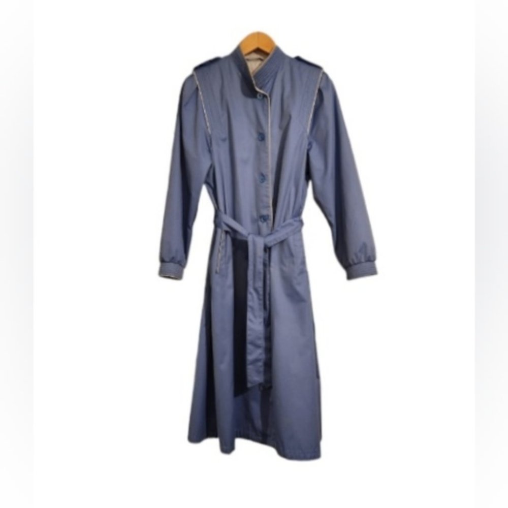Vintage Blue Trench Coat with White Trim/Piping Fully Lined